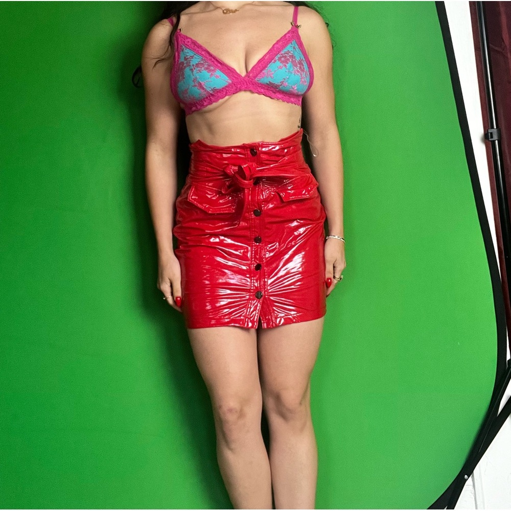 Red latex mini skirt